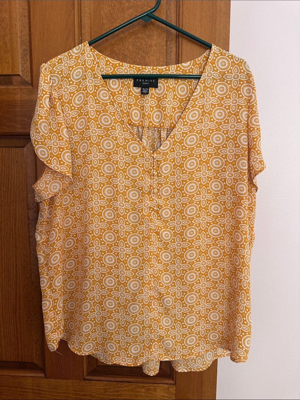 Premise Mustard Yellow Printed Short Sleeve V-Neck Blouse
